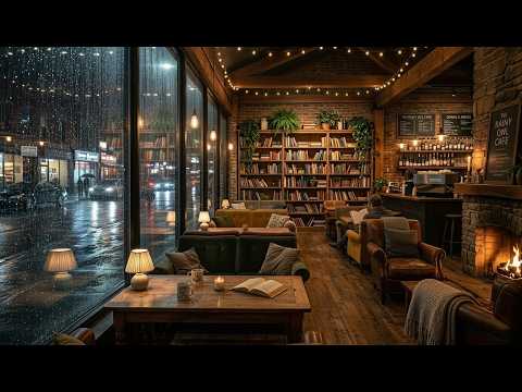 Soft Rainy Spring Jazz ☕ Coffee Shop Ambience with Fireplace for Focus, Study & Relax