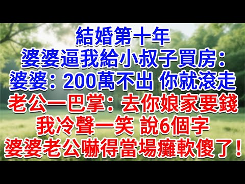 結婚第十年，婆婆逼我給小叔子買房：200萬不出 你就滾出去！老公一巴掌扇我：你去娘家要錢！我冷聲一笑說6個字，婆婆老公嚇得當場癱軟傻眼了！#為人處世#生活經驗#情感故事#故事#小說#戀愛#情感#婚姻