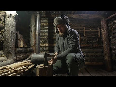 atmospheric overnight in cozy dugout , hot wood stove , bushcraft