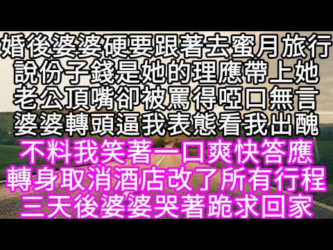 婚後婆婆硬要跟著去蜜月旅行說份子錢是她的理應帶上她老公頂嘴卻被罵得啞口無言婆婆轉頭逼我表態看我出醜 不料我笑著一口爽快答應#心書時光 #為人處事 #生活經驗 #情感故事 #唯美频道 #爽文