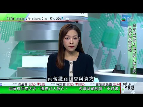 無綫TVB 0200新聞報道|國家及地區奧委會協會全體代表大會 明年12月7至10日首次在港舉行|南韓鐵路勞資雙方就獎金制度等談判破裂 工會發起周四起無限期罷工|日本青森縣東部對開海域5.9級地震|