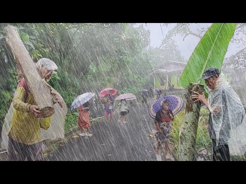 Walking in Extereme Heavy Rain and Extreme Strong Wind Storm, Rain Thunder hits Village Life, Sleep