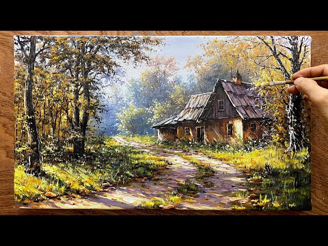 Draw a road and house in the forest / Acrylic landscape painting / Art painting / A Lu Art.