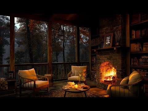 Soft Jazz in Cozy Cabin Balcony Ambience on Rainy Day 🌧️ Rain & Fireplace Sounds to Chill Out