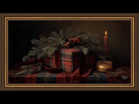 Moody Tartan Christmas Gifts in Gold Frame | Old Money Holiday TV Art Screensaver @99for1TVart