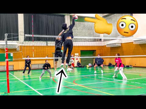 (Volleyball game) He jumps like crazy