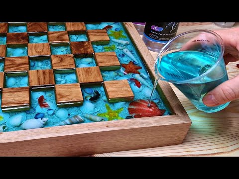 Ocean Chess of Oak and Epoxy with LED and Floating Effect