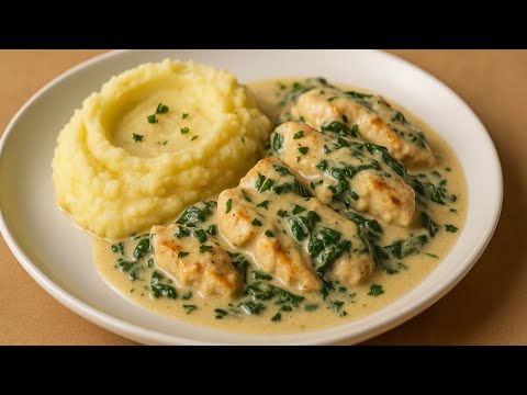 Kartoffelpüree mit Hähnchenbrust in cremiger Spinat-Sahnesoße | Zart & einfach!