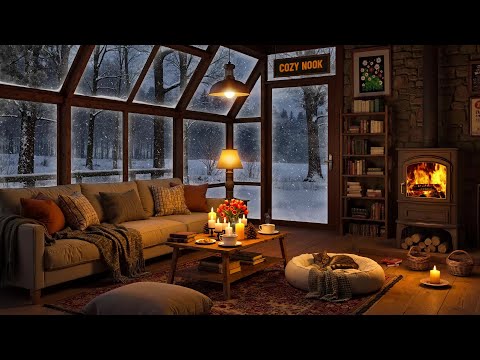 Soft Jazz & Cozy Fireplace Sounds for Stress Relief ❄️ Snowy Cabin Ambience in a Quiet Forest