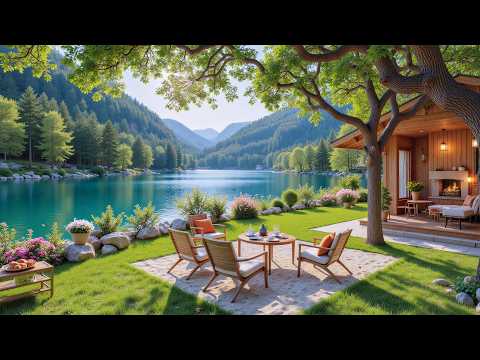 Peaceful Spring Morning by the Lake 🌺 Gentle Piano & Crackling Fireplace for Relaxation, Study
