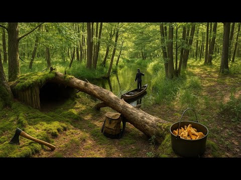 Alone on an island: built a shelter and cooked a mushroom dinner ASMR