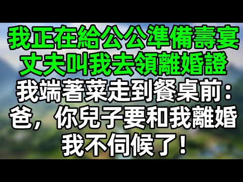 我正在給公公準備壽宴，丈夫叫我去零離婚證，我端著菜走到餐桌前：爸，你兒子要和我離婚，我不伺候了！#深夜淺讀 #夜讀人生 #大橘講故事  #情感故事  #講故事