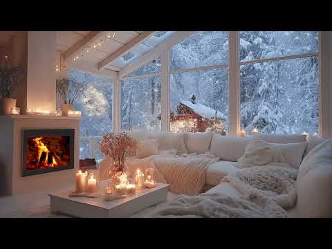 🪟🔥 Snowy Window Piano Lounge Fireplace Ambience | White Flower Room for Deep Sleep Calm | Ember