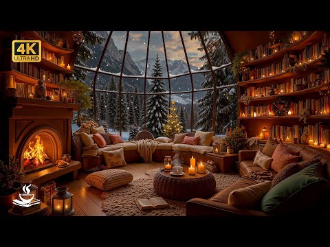 Elegant Winter Library Jazz ❄️ Relaxing Fireplace, Books and Snowy View for Focus and Calm Moments