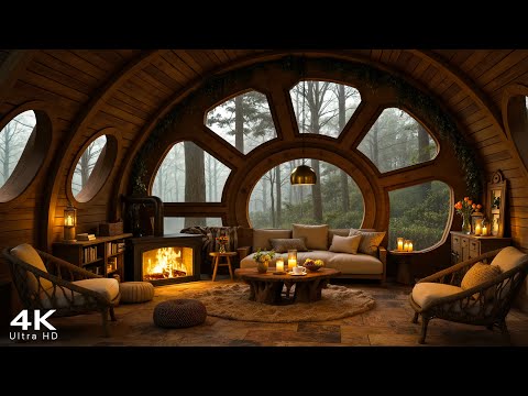 4K Peaceful Ambience in Cozy Cabin with Smooth Jazz Music & Crackling Fireplace for Relax, Sleep