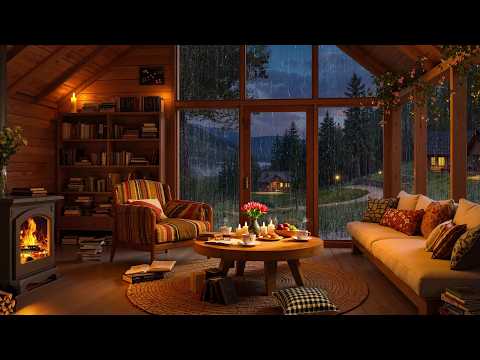 Quiet Cabin Ambience in the Rain - Cozy Jazz Music & Crackling Fireplace for Stress Relief