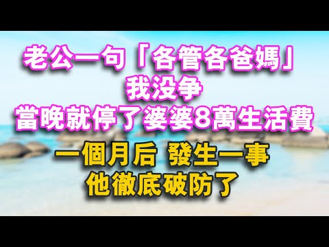 老公一句“各管各爸媽” 我沒爭 當晚就停了婆婆8萬生活費 一個月後 發生一事 他徹底破防了！#情感故事 #家庭 #故事 #為人處世 #老年生活 #彩禮 #婆媳 #分享 #生活