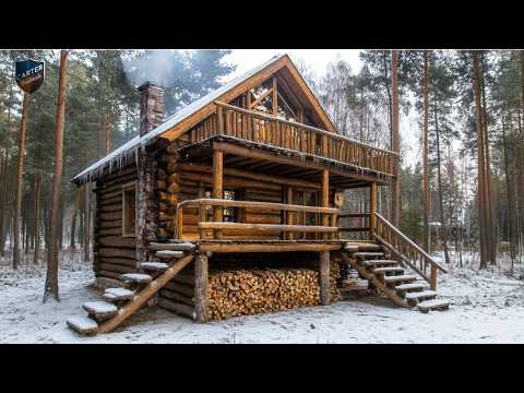 The Man Alone Handcrafts A Wooden House In The Freezing Forest