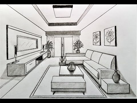 How to draw a living room in 1 point perspective