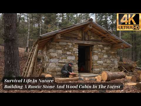 Building A Rustic Stone And Wood Cabin In The Forest | Survival Life In Nature