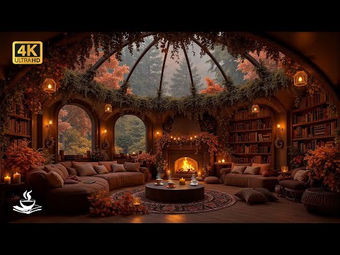 Cozy Autumn Library Ambience 🍂 Fireplace, Jazz Music & Relaxing Peaceful Fall Reading Vibes