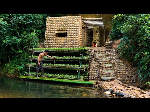 My house: 20 days Build a House from Trash (Coconut) with Fireplace, Grow Vegetables, Fish and Cook