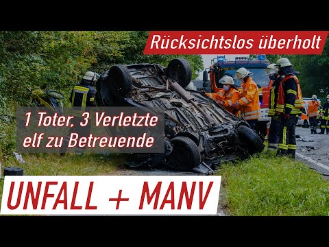 B442: 21-Jähriger überholt, drängt Auto ab, Wrack trifft Vater & Kind auf Radweg, Autofahrer stirbt