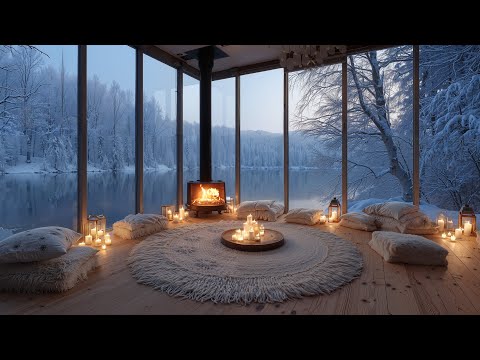 Quiet Winter Evening by the Lake 🕯️ Gentle Piano,Snowfall & Fireplace Warmth for Focus