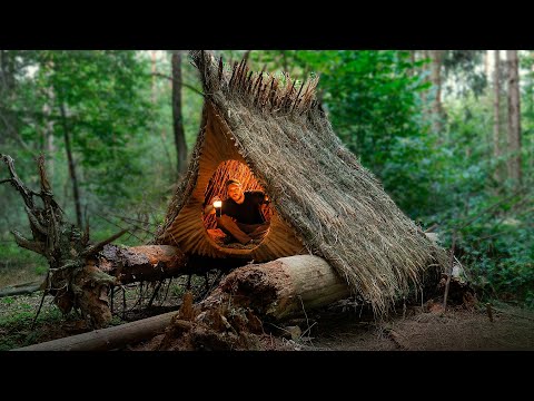 Built a Cozy Hut on Top of Fallen Trees. Bushcraft, Survival