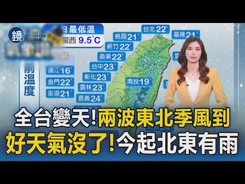 Two waves of northeast monsoon will bring rain to Taiwan this week, changing the weather across t...