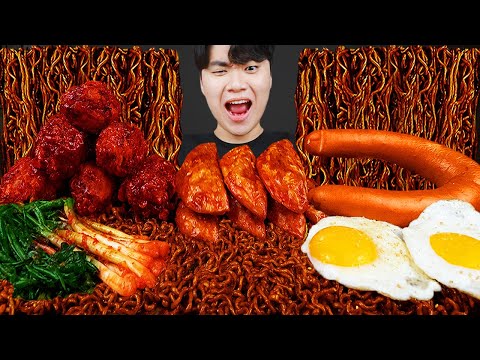 ASMR MUKBANG | Fried Chicken, black bean noodles, kimchi, sausage korean eating sound !