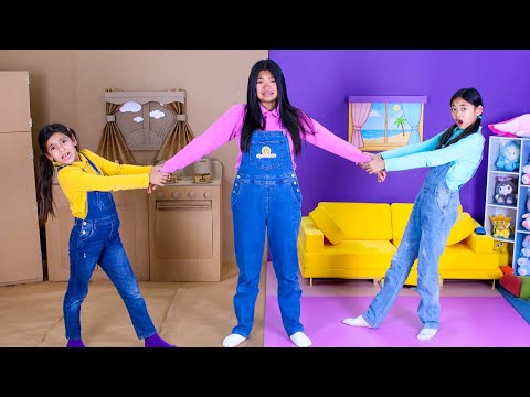 Ellie & Charlotte Cardboard vs Color Room Wars, Pizza Fun & Sharing Lesson