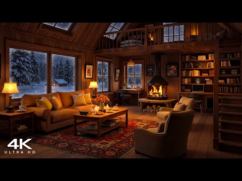 Soft Jazz Piano, Fireplace Sounds & Snowy Forest Night | Peaceful Wooden Cabin Retreat