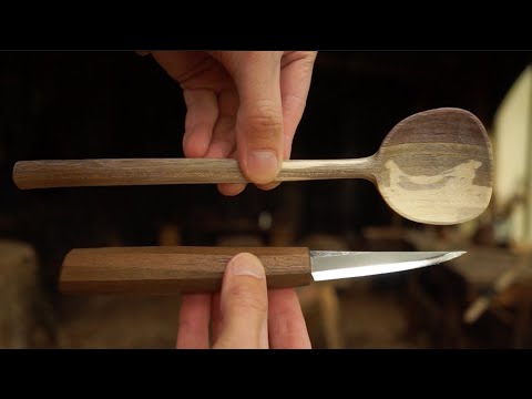 Calm Carving | A Simple Cooking Spoon From A Spalted Black Walnut Blank - Many Knife Grips!
