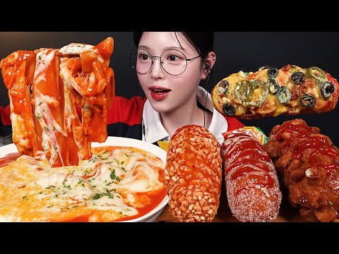 Giant Pepperoni Crunch Corn Dog & Spicy Cheese Tteokbokki Mukbang | ASMR