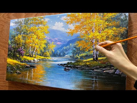 How to draw landscape painting /#79/ Draw an autumn landscape with yellow trees and a stream.