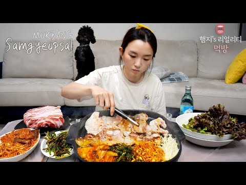 Real Mukbang▶ Samgyeopsal(Pork belly) & Fried Rice ☆ Real Korean BBQ  (ft. Kimchi, Chive, Enoki)