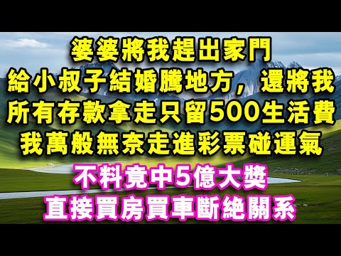 婆婆將我趕出家門，給小叔子結婚騰地方，還將我所有存款拿走只留500生活費，我萬般無奈走進彩票碰運氣，不料竟中5億大獎，直接買房買車斷絕關係！#心聲故事會#婆媳矛盾