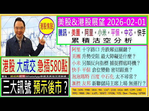 三大訊號 預示後市？🚦/阿里 升跌睇這關鍵？🙄/美團 升勢最大障礙是什麼？🚧/小米 另類反向指標 捕捉撈底時機？🤔/快手 平保 倉位變動？😬/泡泡瑪特 百度 中石化 太不尋常？😨/2026-02-01