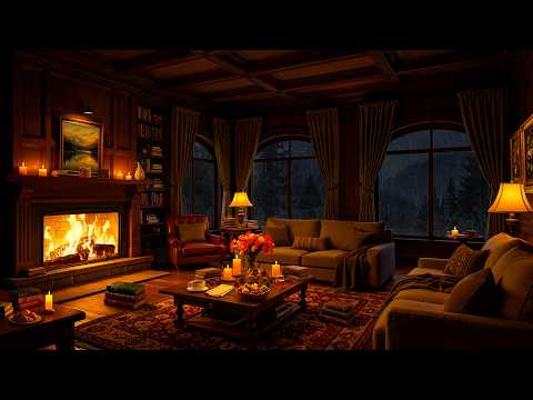 Cozy Cabin Ambience 🔥 Slow Jazz Music, Heavy Rain & Fireplace Sounds for Relaxation, Focus, Sleep