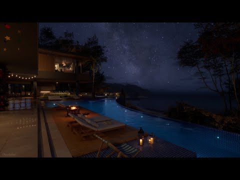 Autumn Ocean Villa Ambience | Water, Crackling Fire, Crickets, Distant Wave Sounds