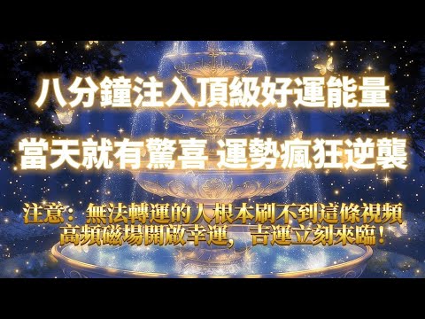八分鐘注入頂級好運能量 當天就有驚喜 運勢瘋狂逆襲（⚠️注意：無法轉運的人根本刷不到這條視頻 ）驚喜接二連三發生｜吸引力法則，冥想音樂，能量音樂，顯化，正念冥想，能量Sub