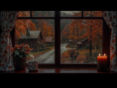 🍁☕Rainy Autumn Day from a Cozy Window | Candlelight, Village Ambience & Relaxing Rain Sounds 🕯️🌧️