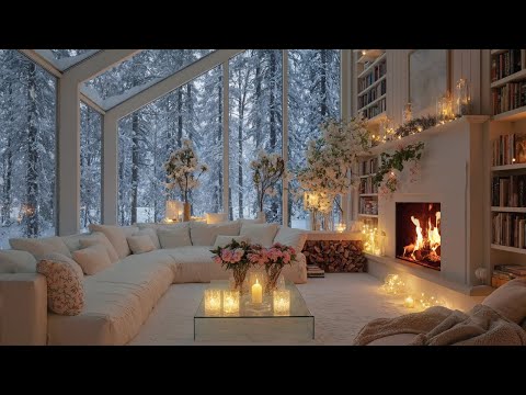 🌸🔥 Cozy White Piano Lounge | 4 Hours Fireplace & Snowy Winter | Calm Study Work Stress Relief