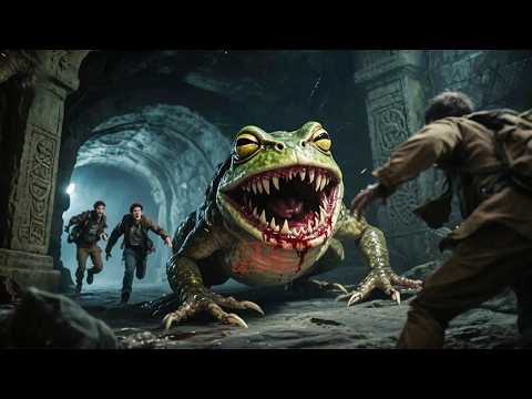 Tomb raiders battle a toad monster in the ancient crypt