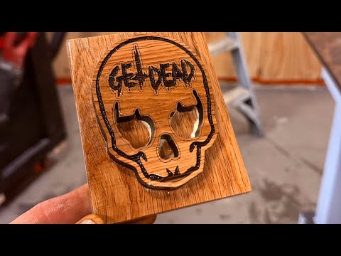 Live punk rock art being made, COME WATCH! Get Dead - skull laser on oak 🪚🪵🌈