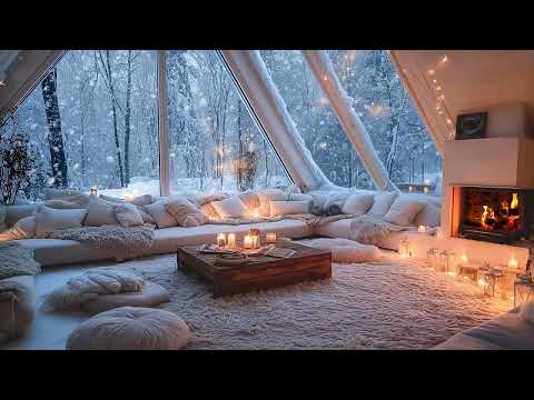 Quiet Winter Piano Lounge | Cozy Fireplace Sounds & Snow Outside | Focus Study Work Relax Calm
