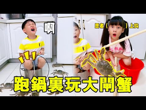 麥麥跑鍋裡玩大閘蟹，弟弟嚇得練練尖叫，簡直忙得不亦樂乎！【麥麥成長記】#萌娃#麥麥成長記#萌娃日常#二胎#親子