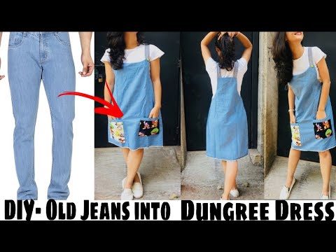 DIY!! Convert/Recycle/Reuse Old Men's Jeans into Dungaree dress!पुरानी जीन्स से बनाए स्मार्ट ड्रेस !