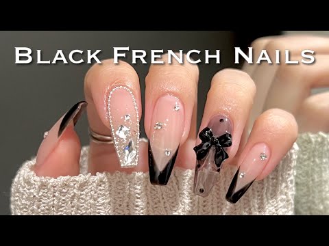 SUB)【Gel Nails】Elegant & Girly♡ Black French Nails🎀/Gel-X/ASMR
